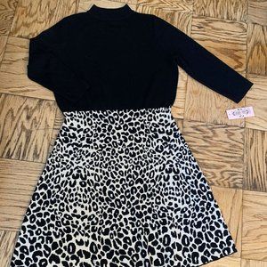 Nanette Lepore Black and Leopard Flare Sweater Dress